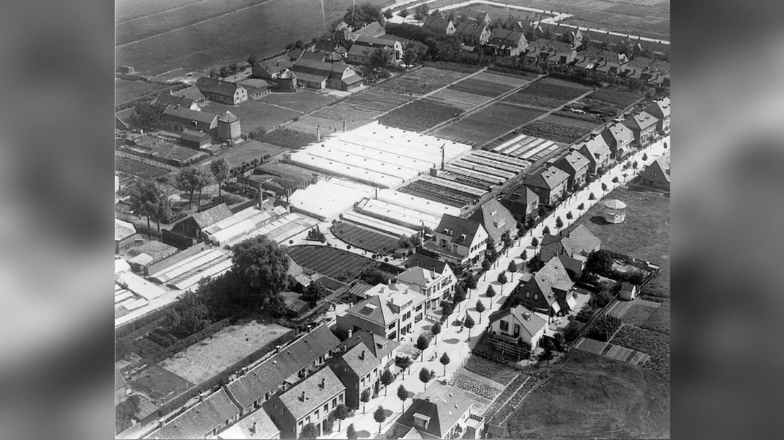 Luchtfoto van het Alphense centrum in 1925, met in het midden de kwekerijkassen van Lemkes