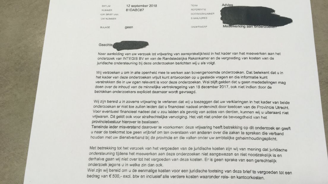 De brief van de provincie aan de ontslagen projectdirecteur.