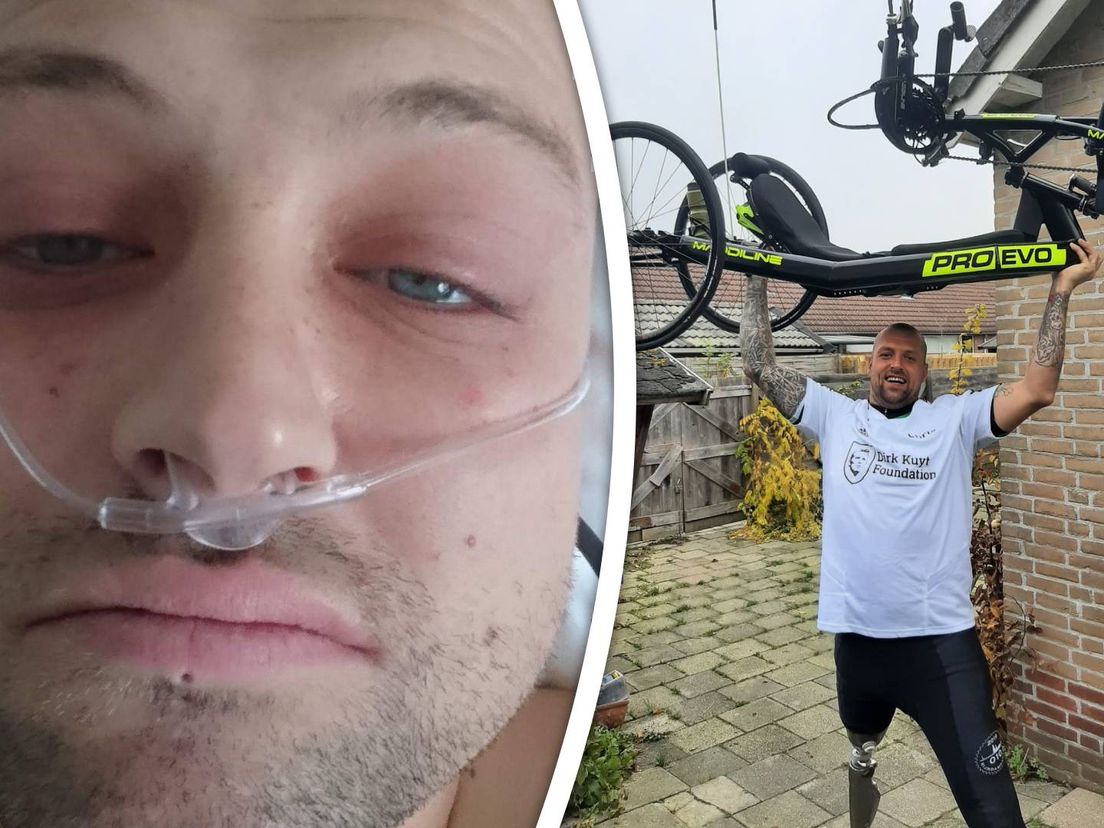 Links: Chris in het ziekenhuis, rechts: Chris deed mee aan een Handbike wedstrijd