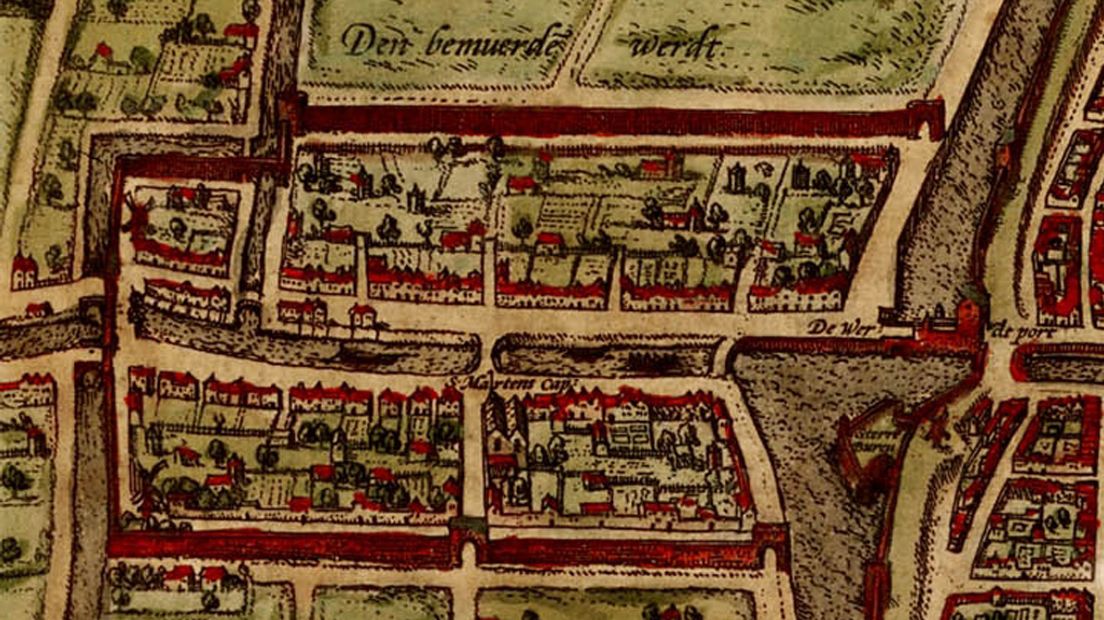 Stadsplattegrond van de Bemuurde Weerd uit 1569 (oost ligt boven).