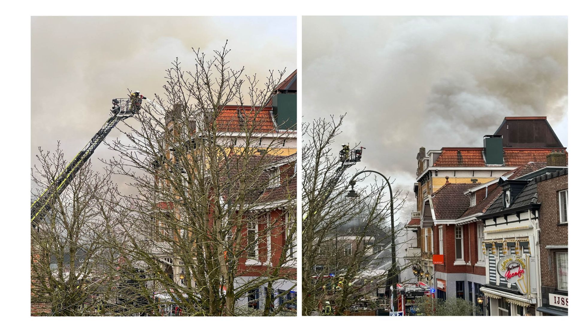 Het gele gebouw is Hotel Stad Munster dat als buur van de snackbar veel geleden heeft van de brand.