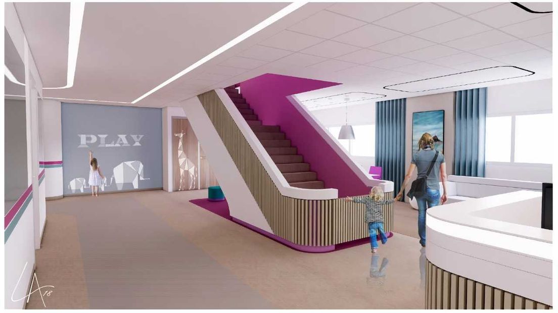 De kraam- en kinderafdeling worden straks één Kind- en Oudercentrum, waarbij een binnentrap beide verdiepingen verbindt (art impression: Leeuwenkamp Architechten)