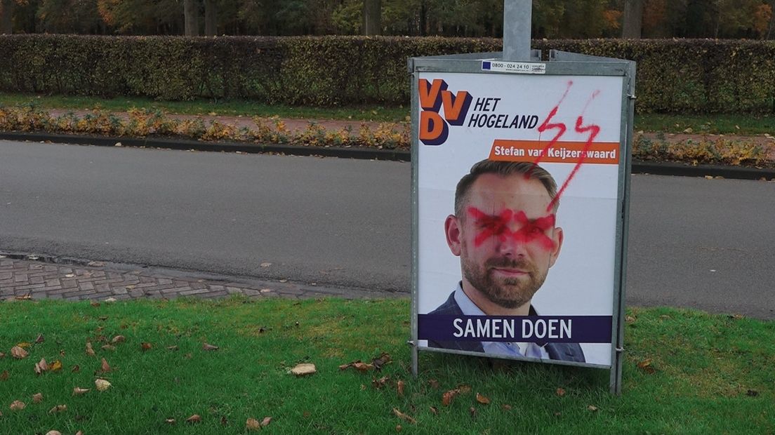 Een bekladde poster van de VVD