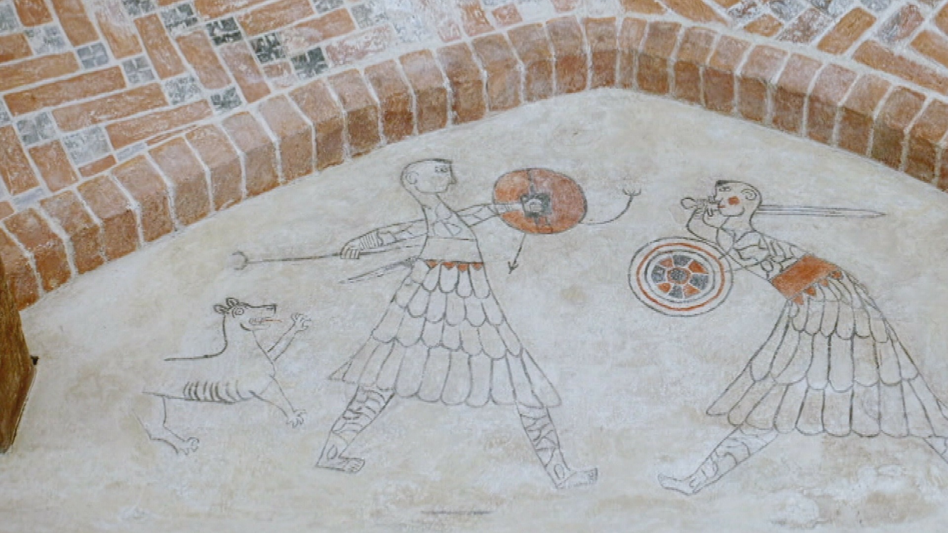 Een Fries kampgevecht met een kletsie (links) op een muurschildering (ca. 1300-1350, Westerwijtwerd)