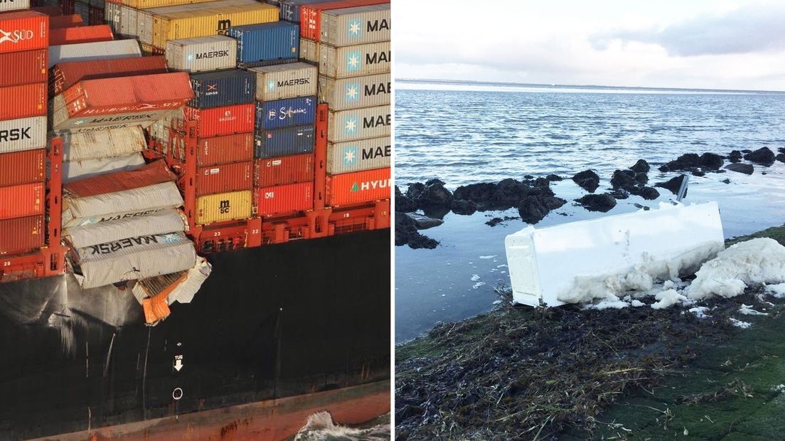 Het schip dat de containers verloor en een aangespoelde koelkast bij Lauwersoog