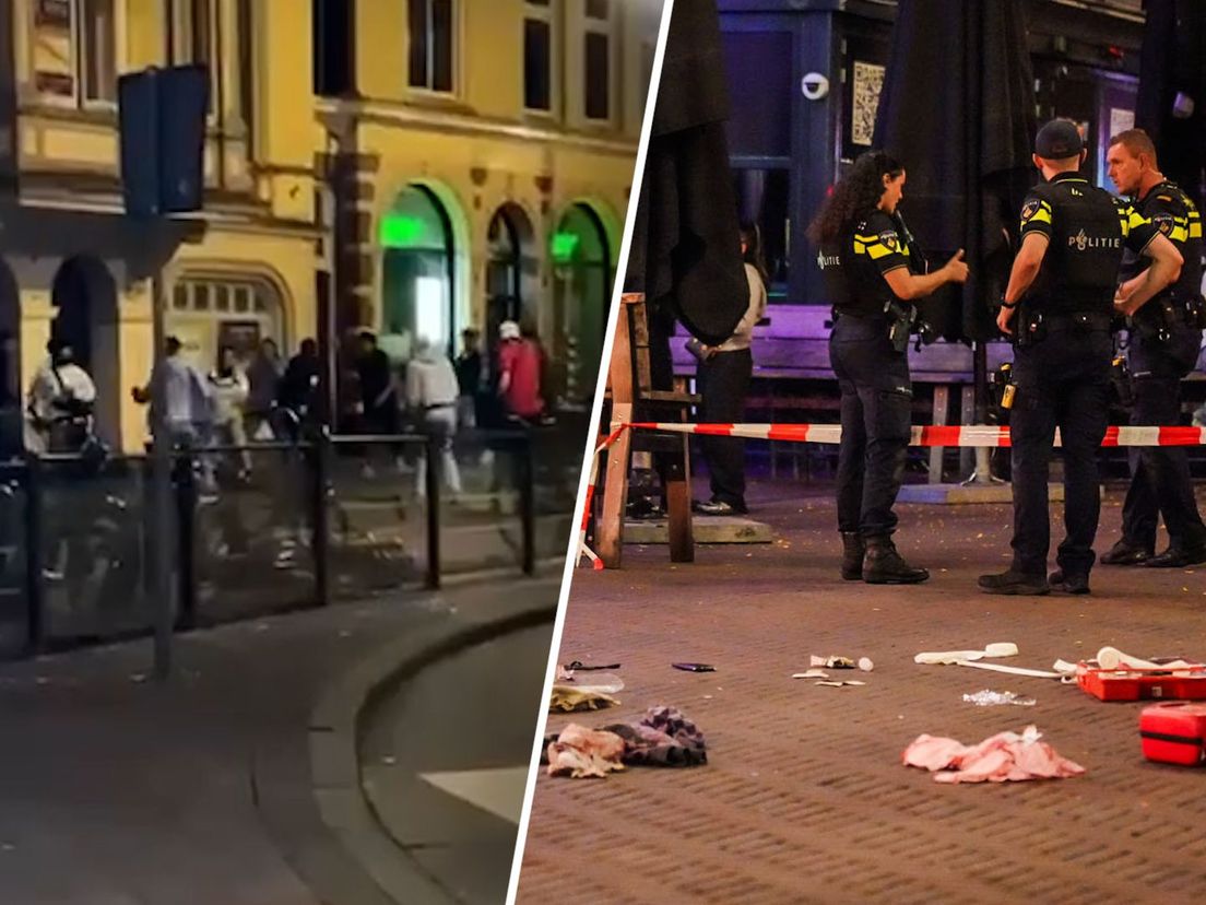 Links: still uit een vechtpartij in Arnhem. Rechts: politieagenten en bebloede doeken op straat.
