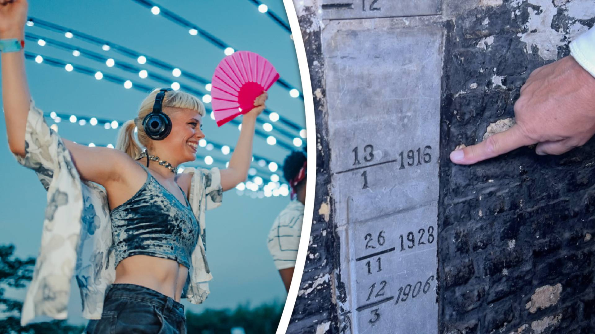 Silent disco / Vloedsteen met markeringen van eerdere overstromingen