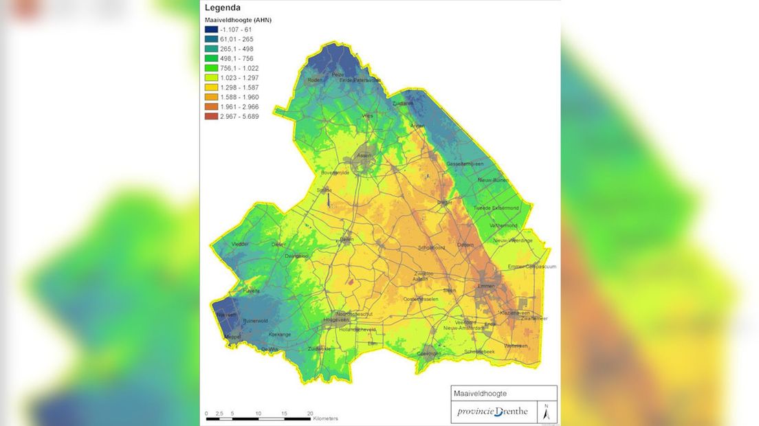 Maaiveldhoogte in Drenthe (Rechten: Provincie Drenthe)