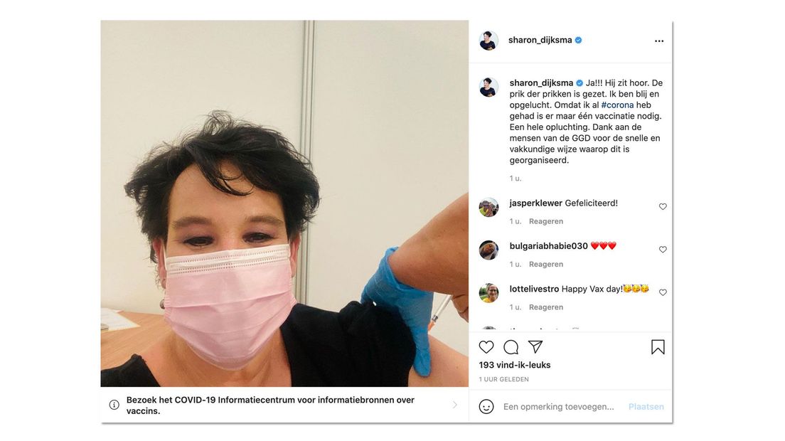 Sharon Dijksma vierde haar vaccinatie op Instagram.