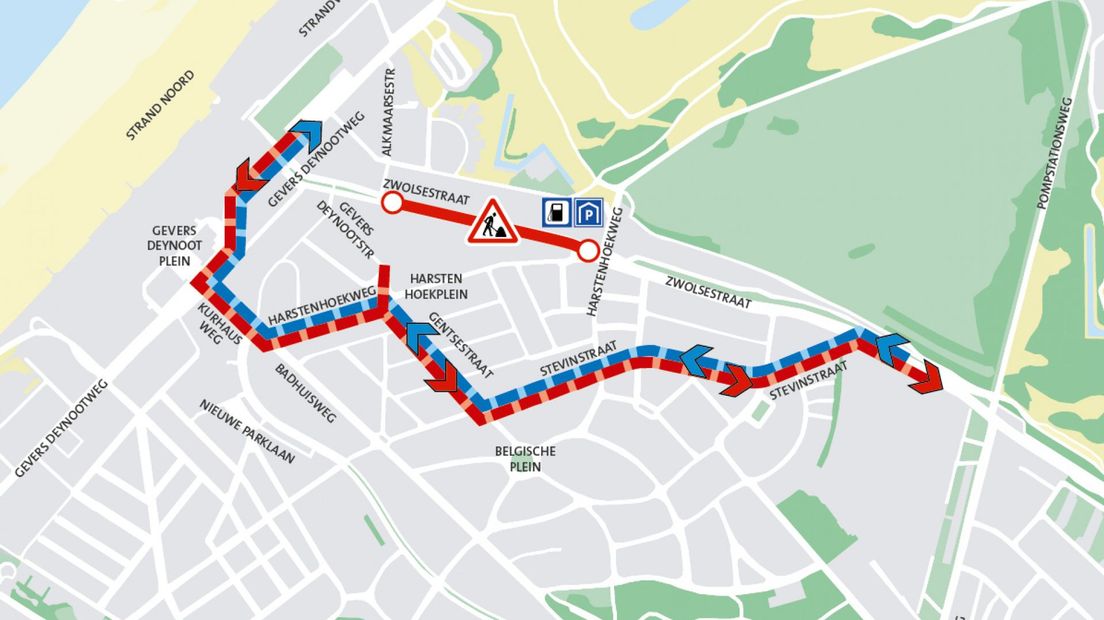 Plaatselijke omleiding via Stevinstraat, Gentsestraat en Harstenhoekweg | Afbeelding: Gemeente Den Haag