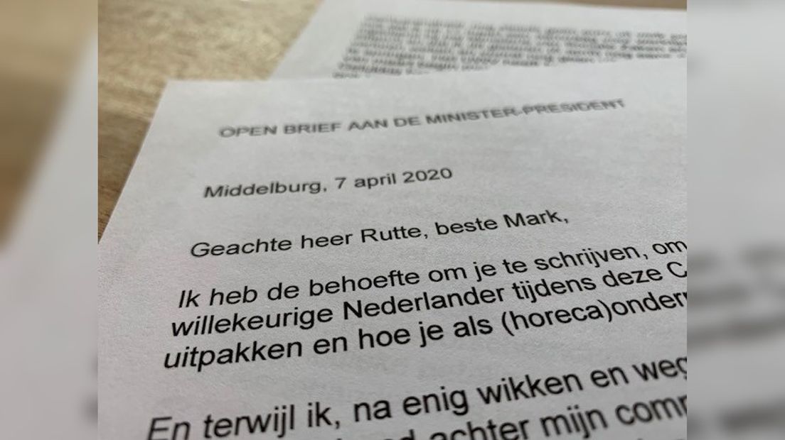 Een deel van de brief die Ab Harpe schreef premier Rutte