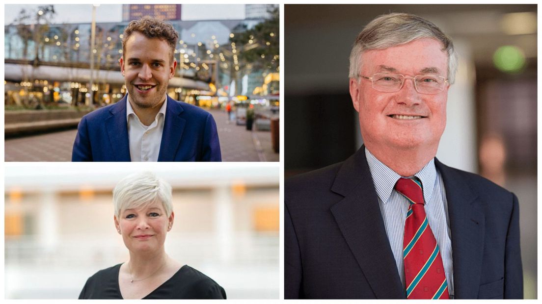 Simon Fritschij (CU/SGP), Marielle Vavier (GroenLinks) en emeritus hoogleraar Jaap de Zwaan