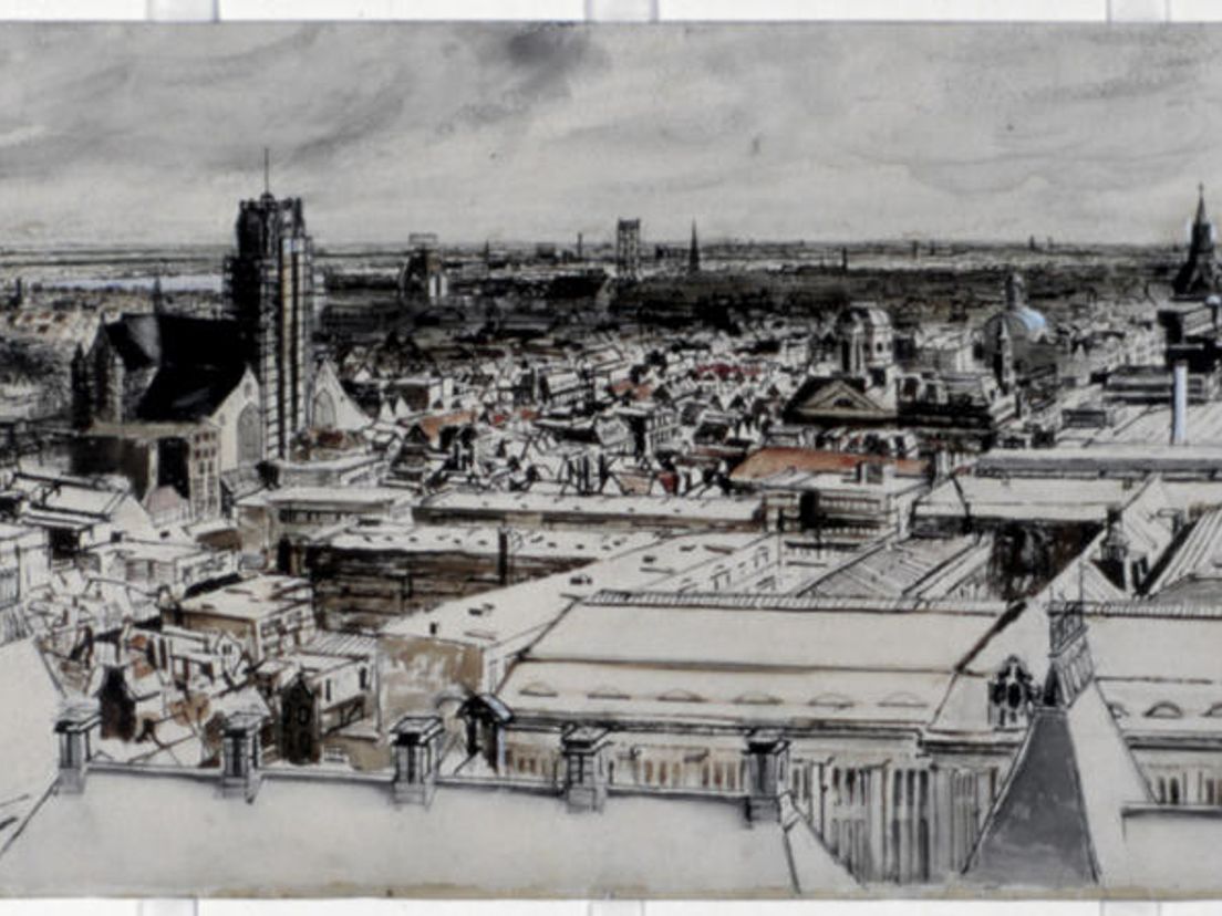 Welke Rotterdamse kunstenaar schilderde deze panoramatekening van Rotterdam?