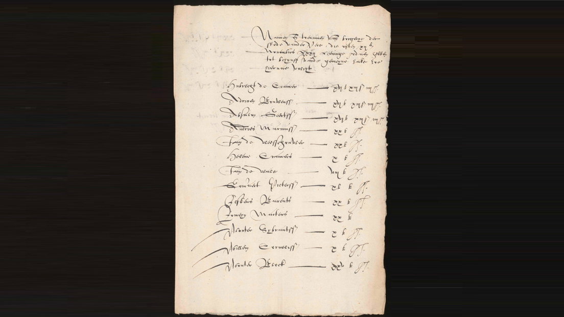 Het archiefstuk met de namen van inwoners uit Veere die de opstand financieel steunden.