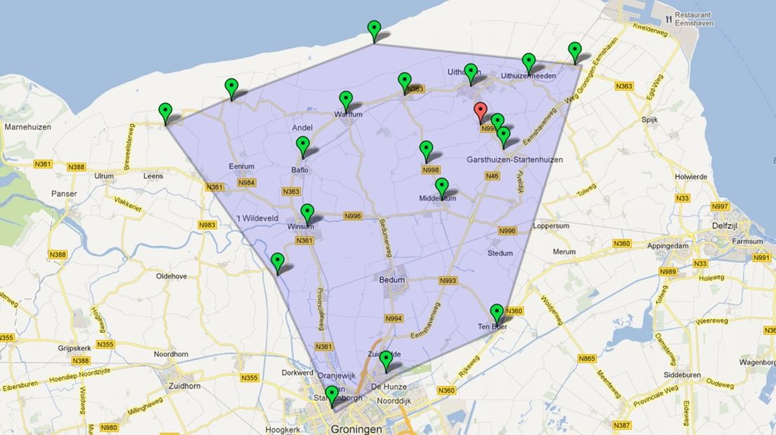 Het gebied van waaruit RTV Noord meldingen heeft gekregen