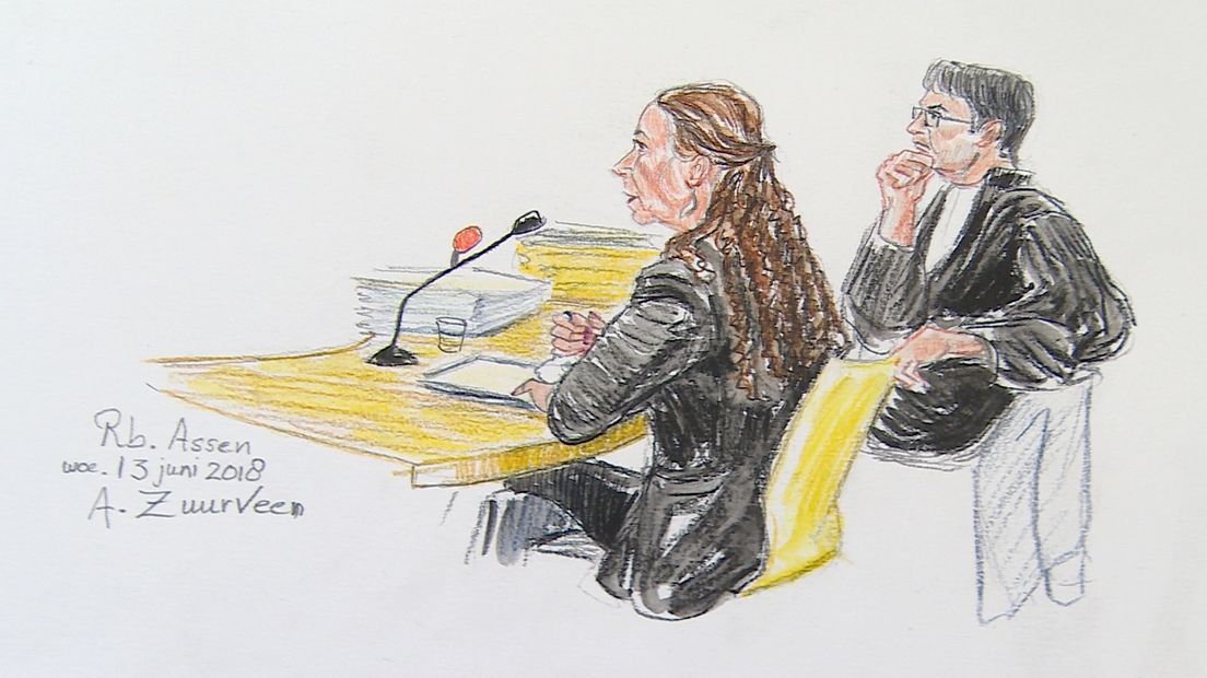 Heleen J. met haar advocaat Paul van Jaarsveld (tekening: Annet Zuurveen)