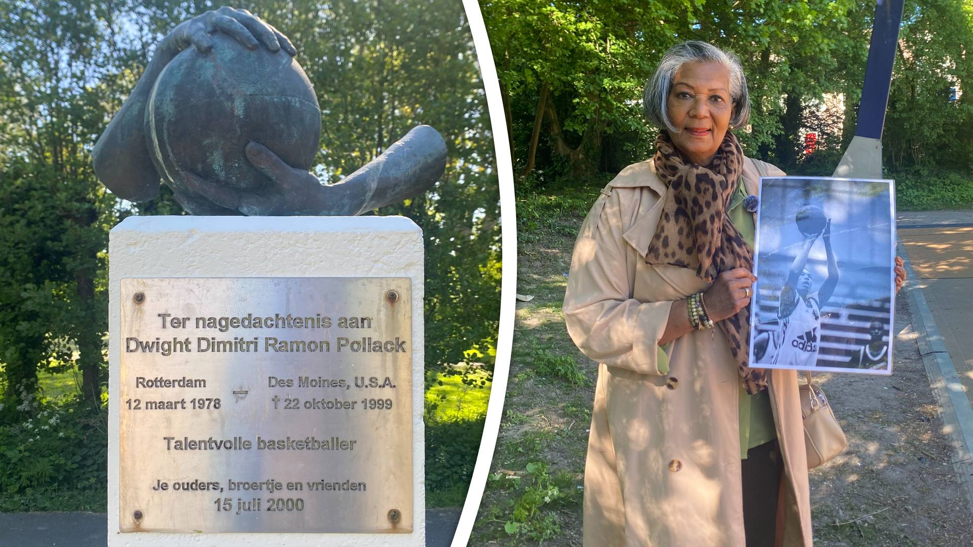 Links: Het monument dat Dwight moet herinneren. Rechts: moeder Henna met een foto van Dwight