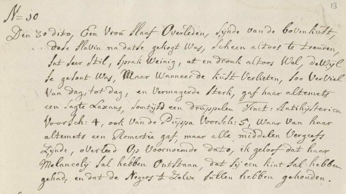 Notitie over een vrouw die stierf van verdriet, fragment uit het journaal van chirurgijn Petrus Couperus, 30 mei 1762. Zeeuws Archief, Archief MCC inv.nr 390.