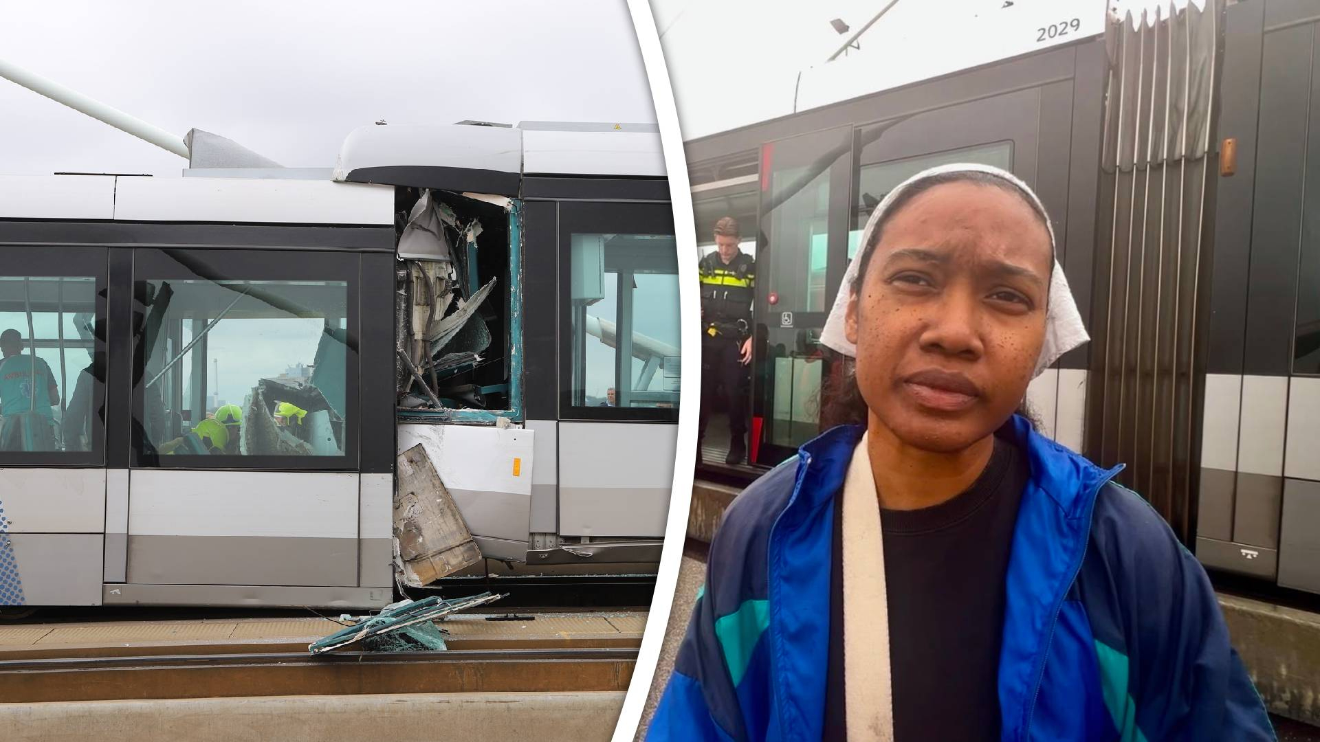 Links: schade aan de trams na de botsing, Rechts: Milaisa die in het achterste voertuig zat.
