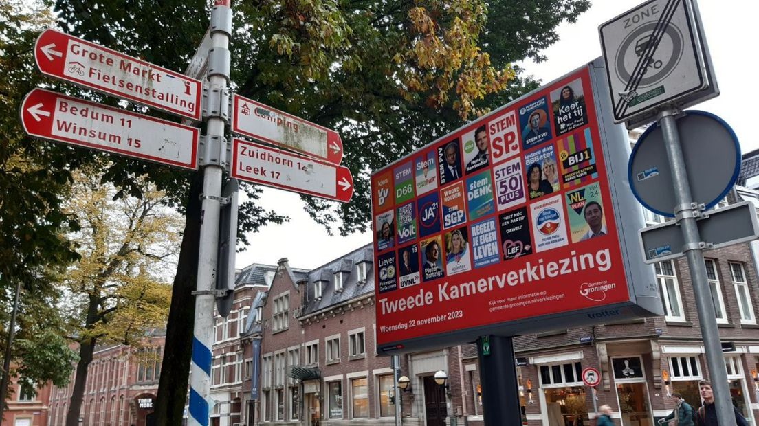 Verkiezingsbord voor de aanstaande Tweede Kamerverkiezingen op het Akerkhof in Stad