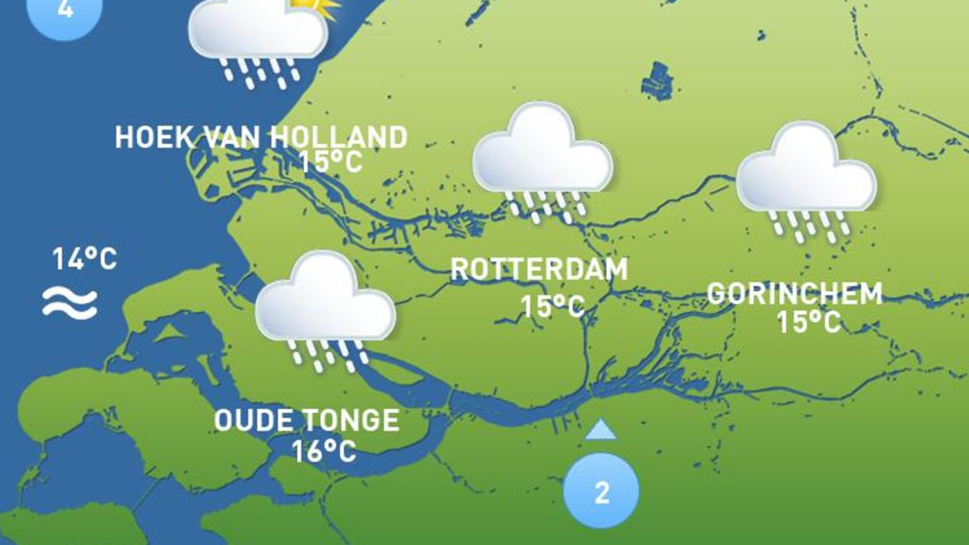 Bewolkt en perioden met regen.