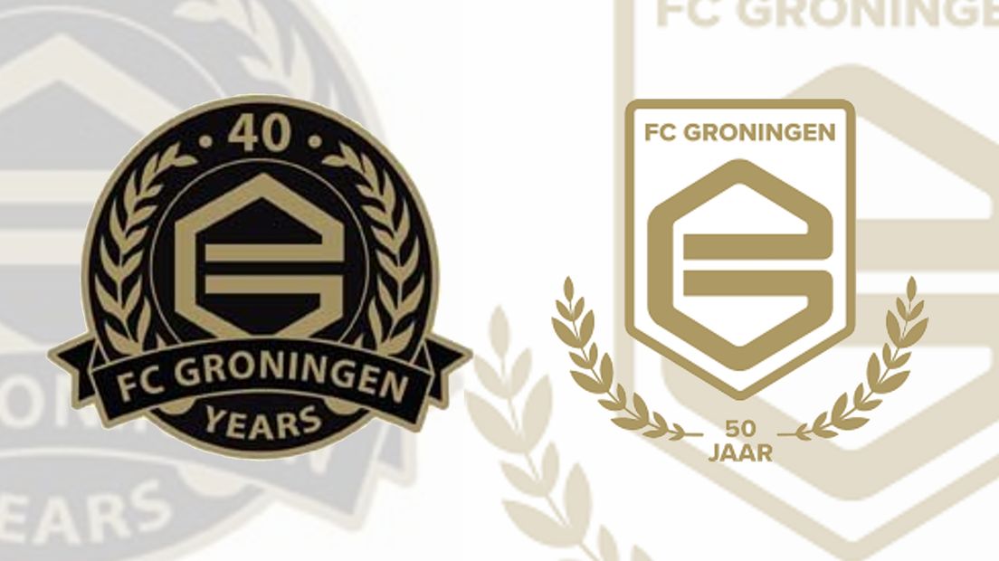 De jubileumlogo's van FC Groningen in 2011 (links) en 2021 (rechts)