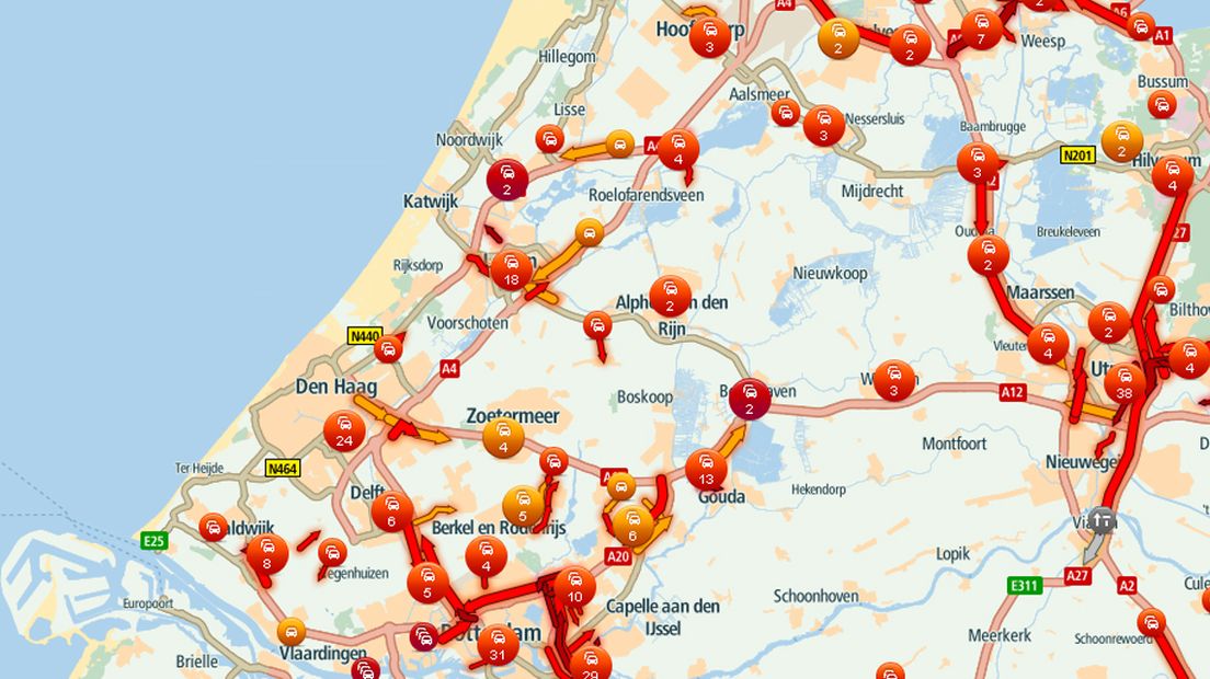Het verkeer heeft veel last van de Sinterklaasstorm (bron: TomTom)