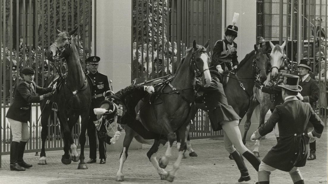 Prinsjesdag 1984, een adjudant valt van zijn paard