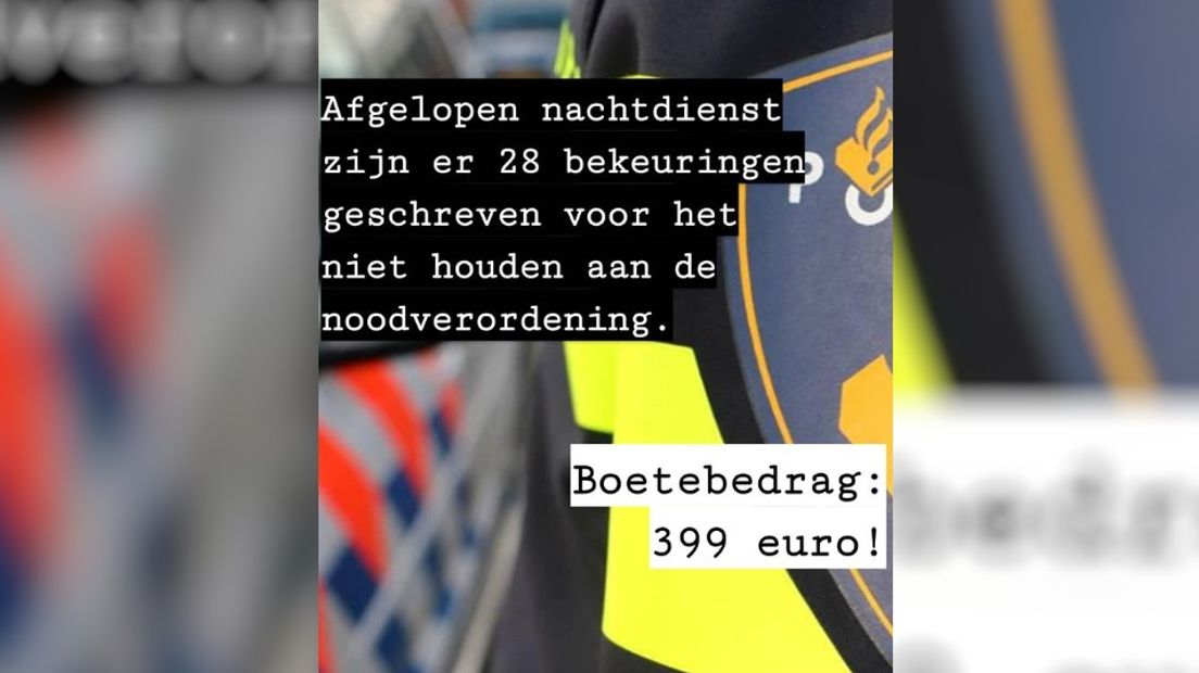 De politie heeft vannacht in totaal 28 boetes uitgedeeld aan mensen die zich niet aan de coronamaatregelen hielden.