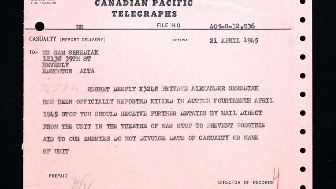 Het telegram waarin de dood van Alexander Serediak aan de familie in Canada is meegedeeld