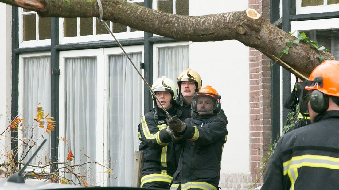Brandweermensen proberen op de Kampstraat in Baarn te voorkomen dat een boom op een auto valt