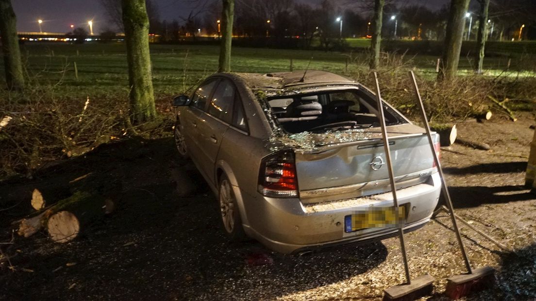 Boom waait op auto in Deventer