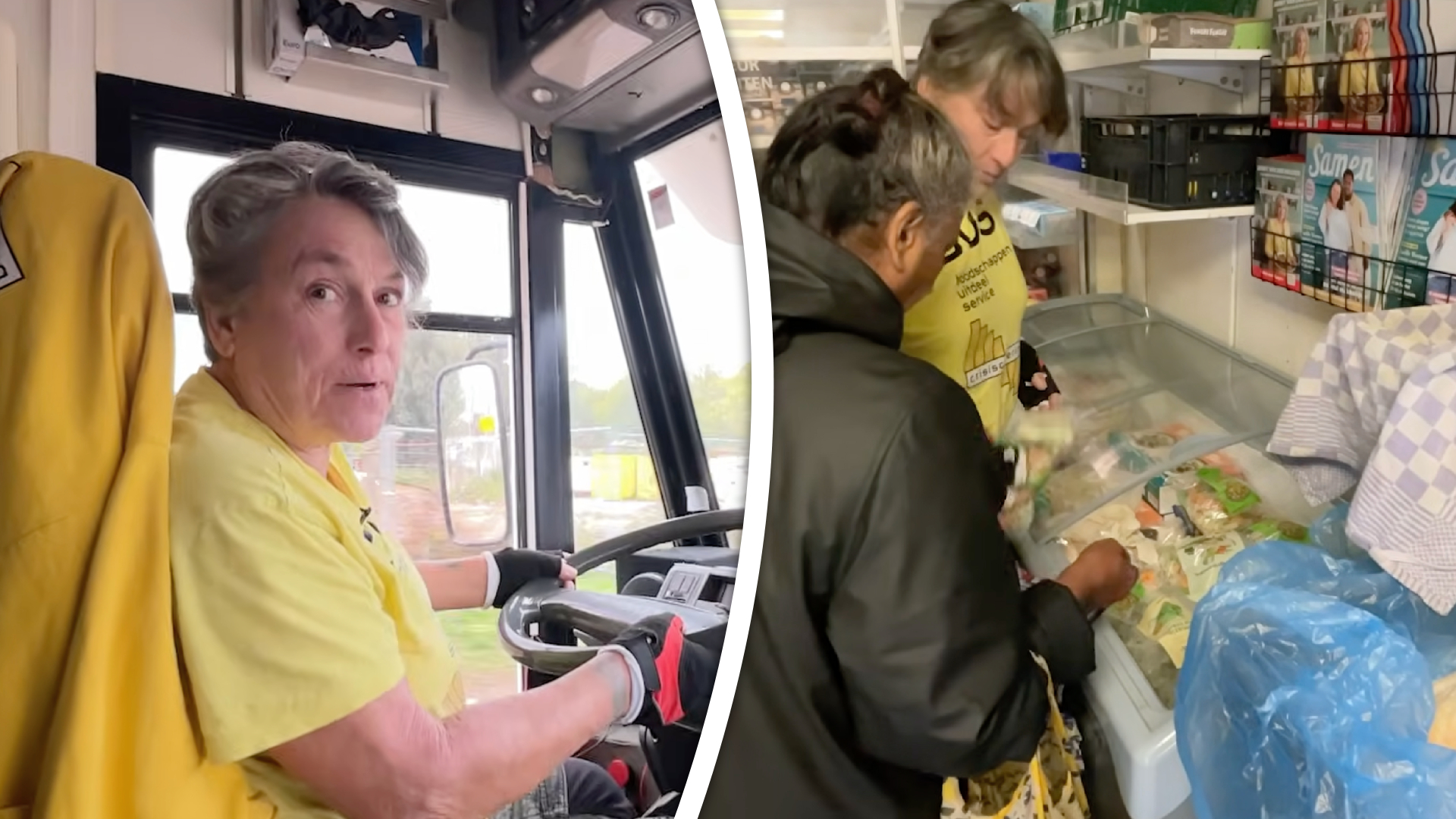 Buschauffeur Sira deelt met haar team de boodschappen uit.