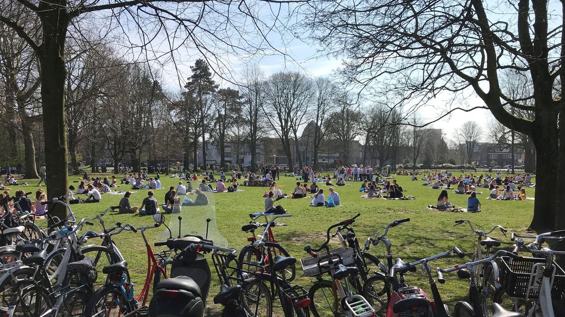 Studenten genieten van de zon in het Wilhelminapark in Utrecht.