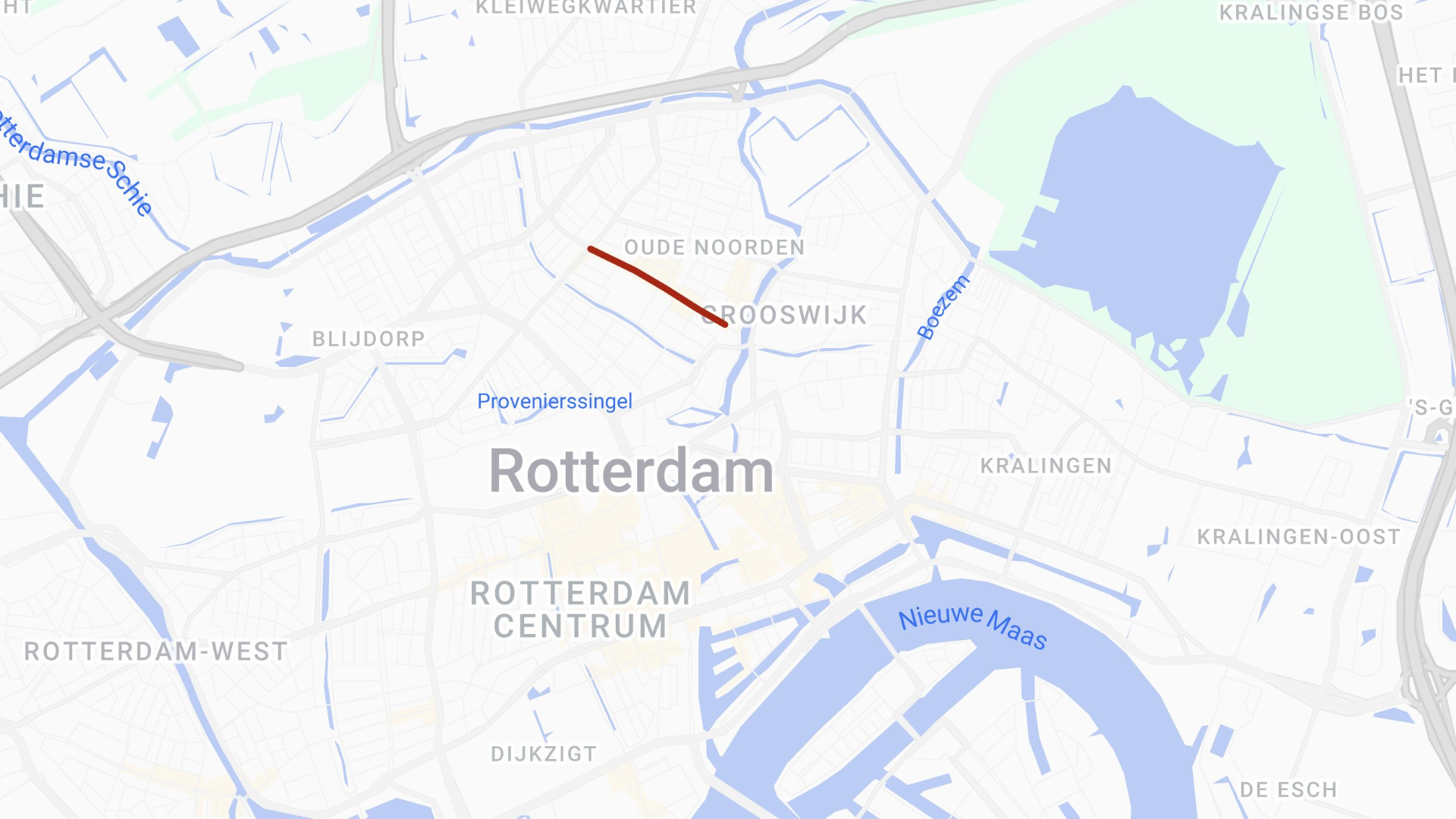 De Zwart Janstraat (rode lijn) loopt door Rotterdam Noord