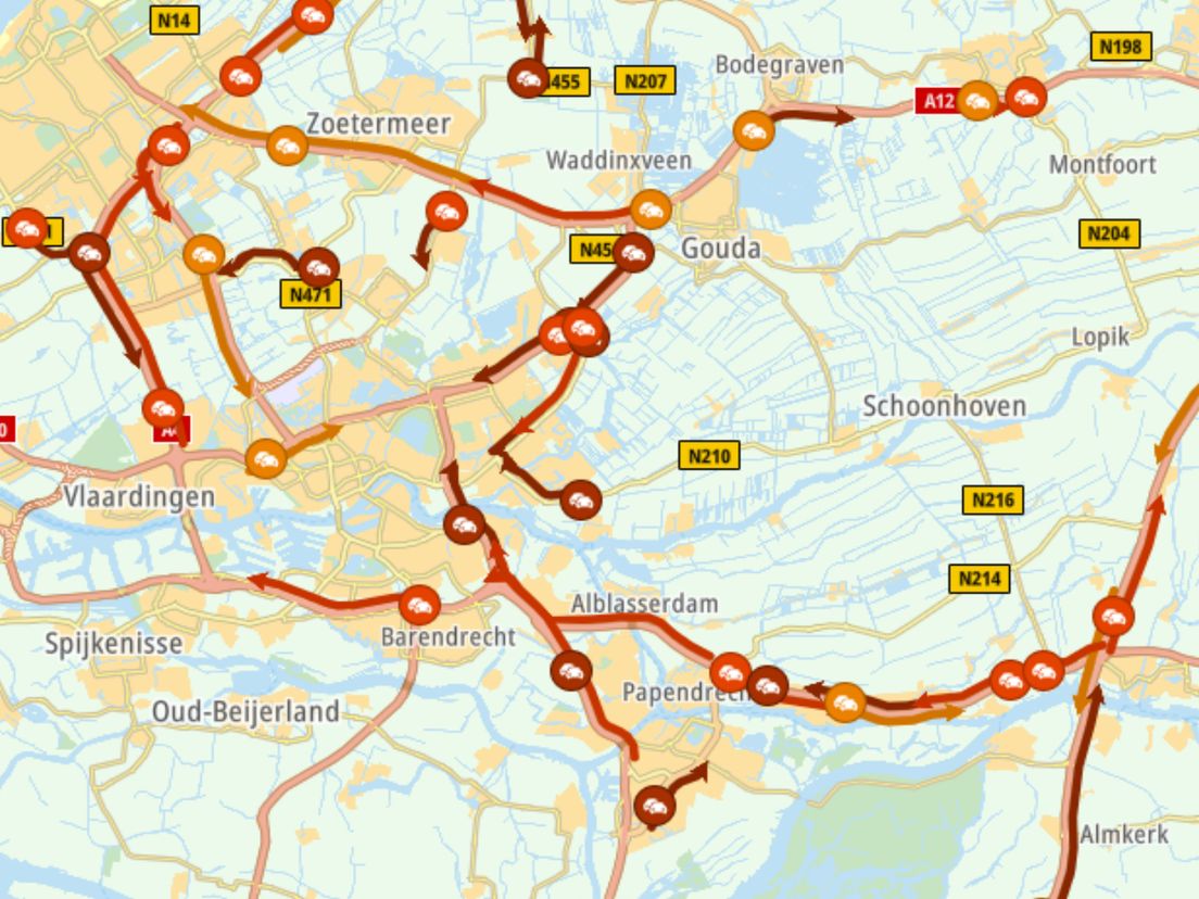 De drukte heeft zich verplaatst naar de A20, A12 en A13.