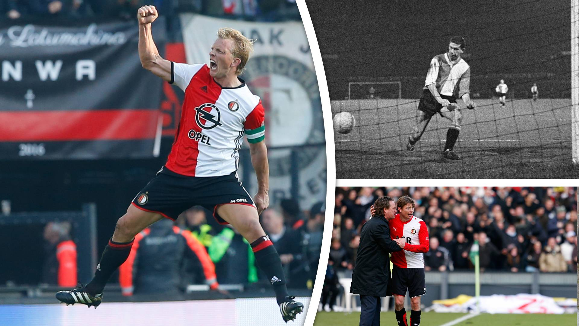 Dirk Kuijt, Cor van der Gijp en Jon Dahl Tomasson (vlnr) na goals tegen Ajax