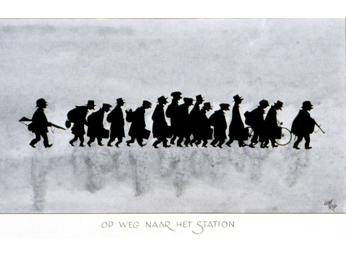 Opgepakte Rotterdamse mannen op weg naar het station, getekend door Guust Hens.
