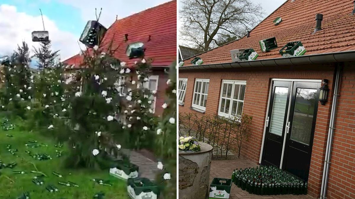 En bedankt: vrienden dumpen 200 kratten bier in tuin van bruidspaar in Saasveld