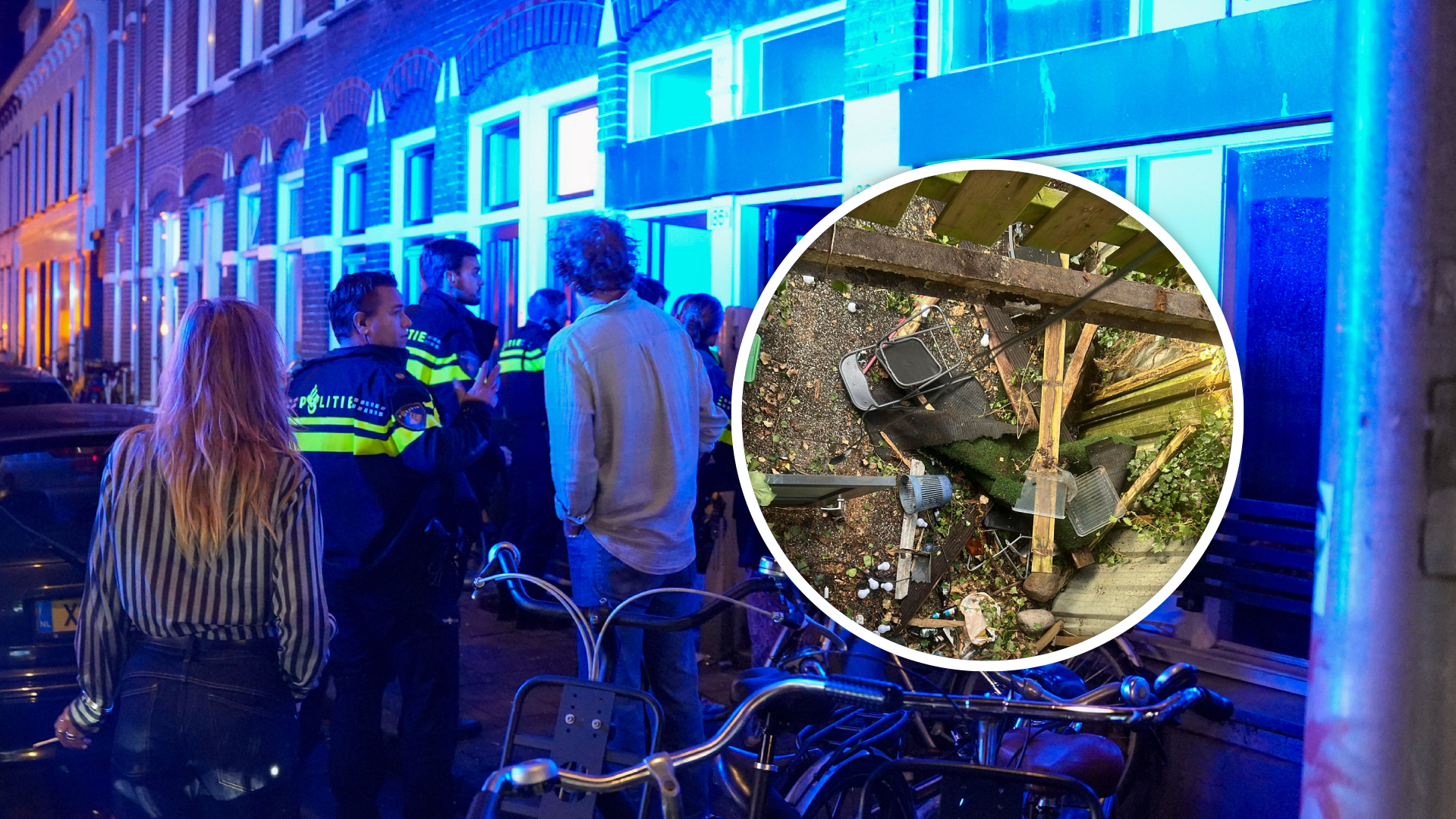 Hulpdiensten en omstanders buiten de woning waar het balkon instortte.