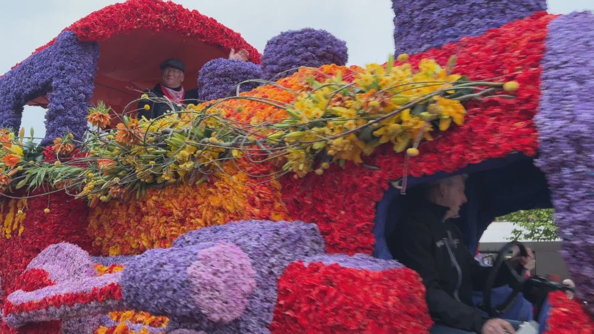 Bloemenwagens rijden door Voorhout
