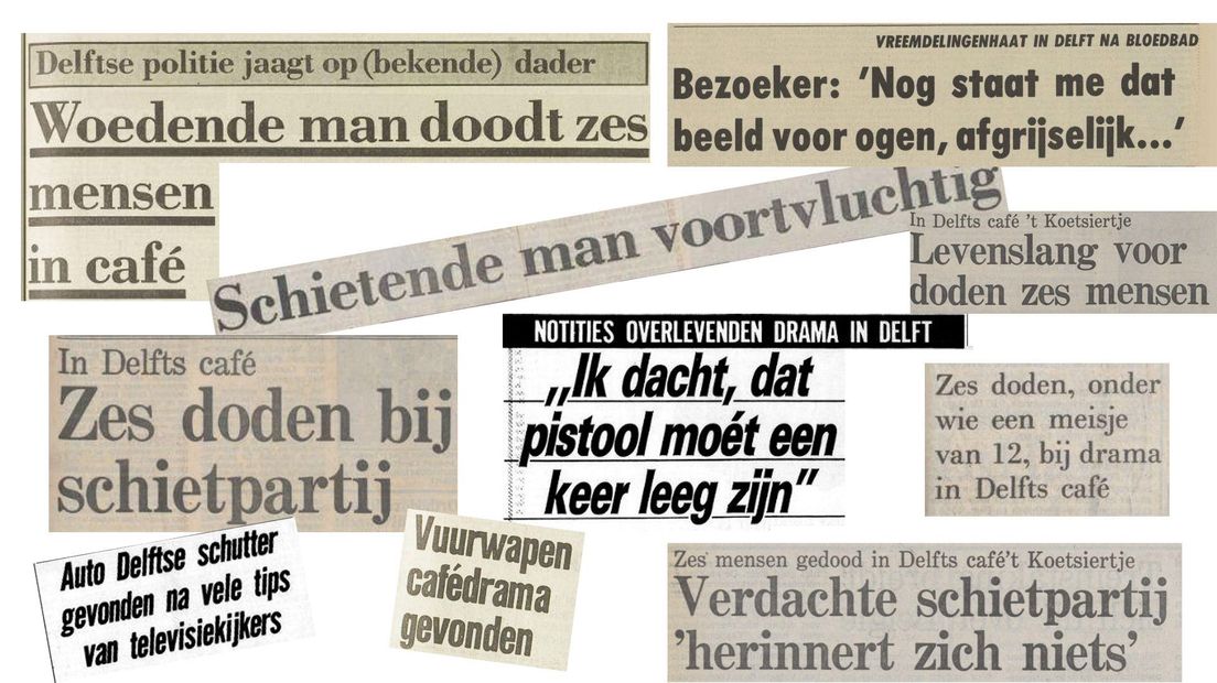 Krantenkoppen uit 1983 en 1984 na de schietpartij in 't Koetsiertje | Afbeelding: Vrije Volk, Trouw, Parool, Volkskrant, Dagblad van het Noorden en De Telegraaf