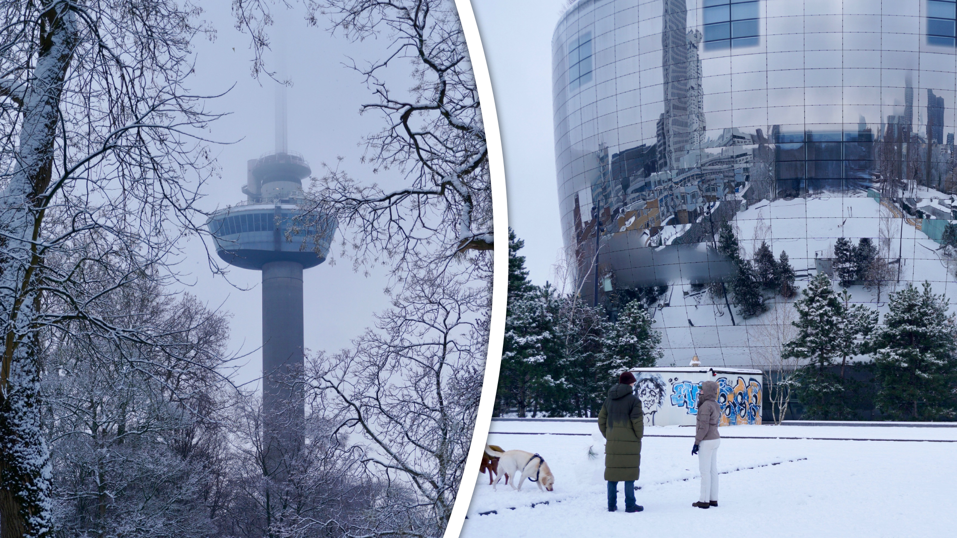 De Rotterdamse Euromast en het Depot van Museum Boijmans Van Beuningen in de sneeuw.