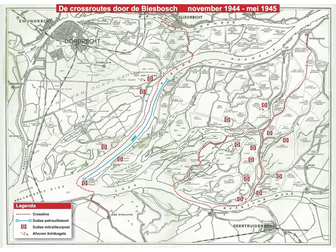 Kaart met de crossroutes door de Biesbosch