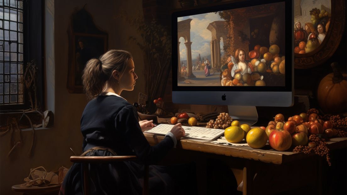 Student achter een computer in de stijl van schilder Henk Helmantel