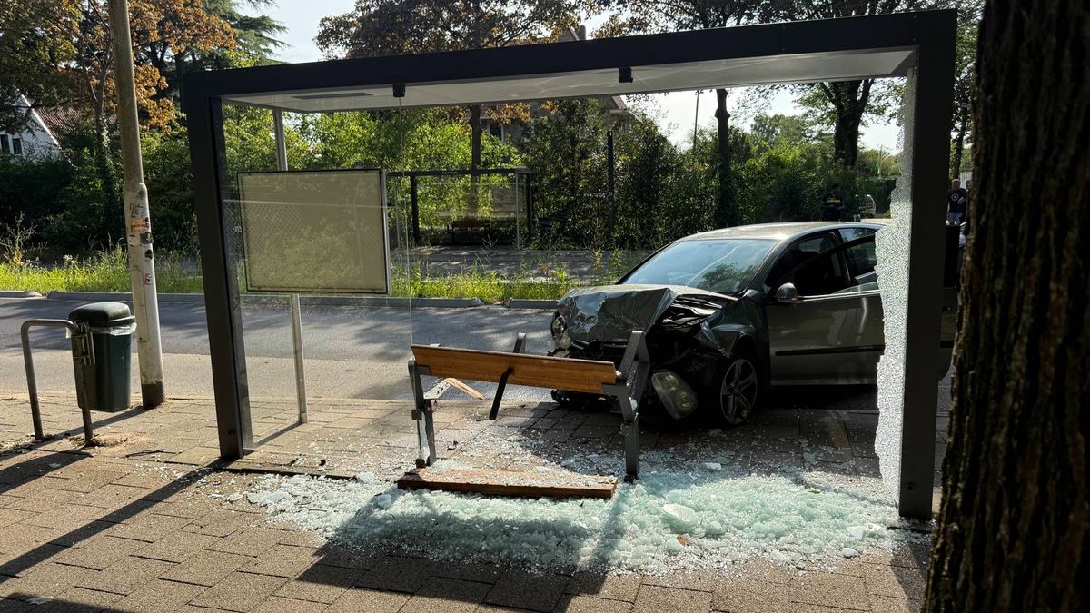 Auto rijdt bushokje aan gort