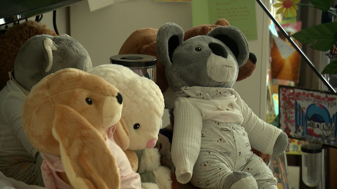 Veel knuffels op haar kamer van vrienden en familie