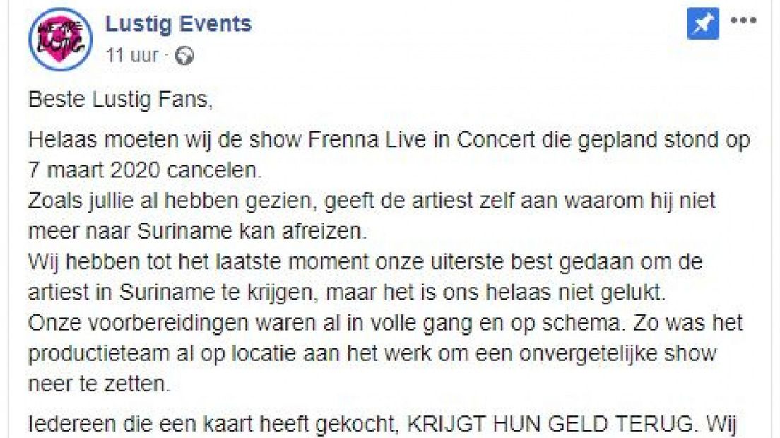 Facebookbericht Lustig Events over afzeggen Frenna