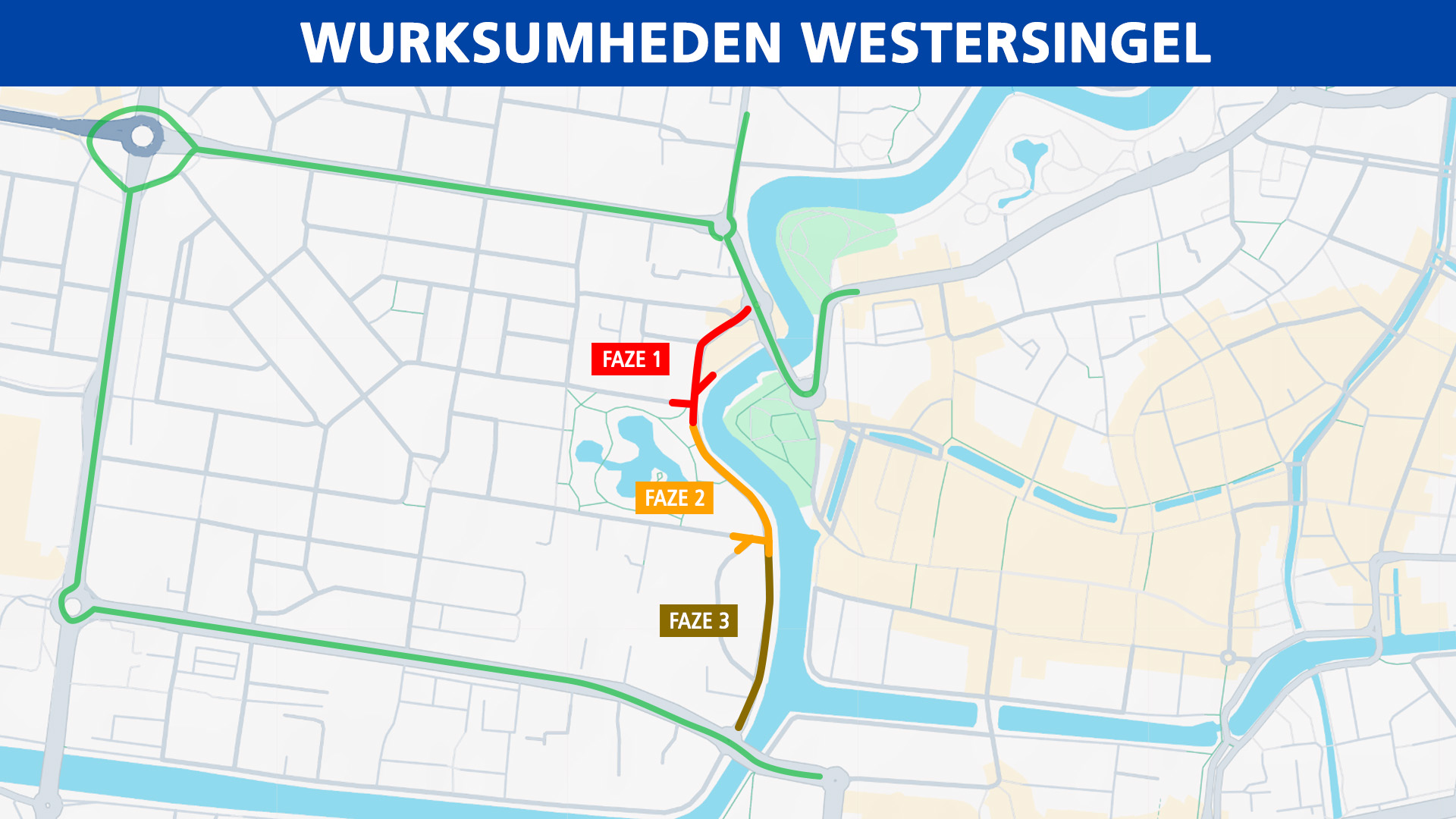 De dyk giet yn fazen ticht. Yn it grien de omliedingsrûte foar autoferkear