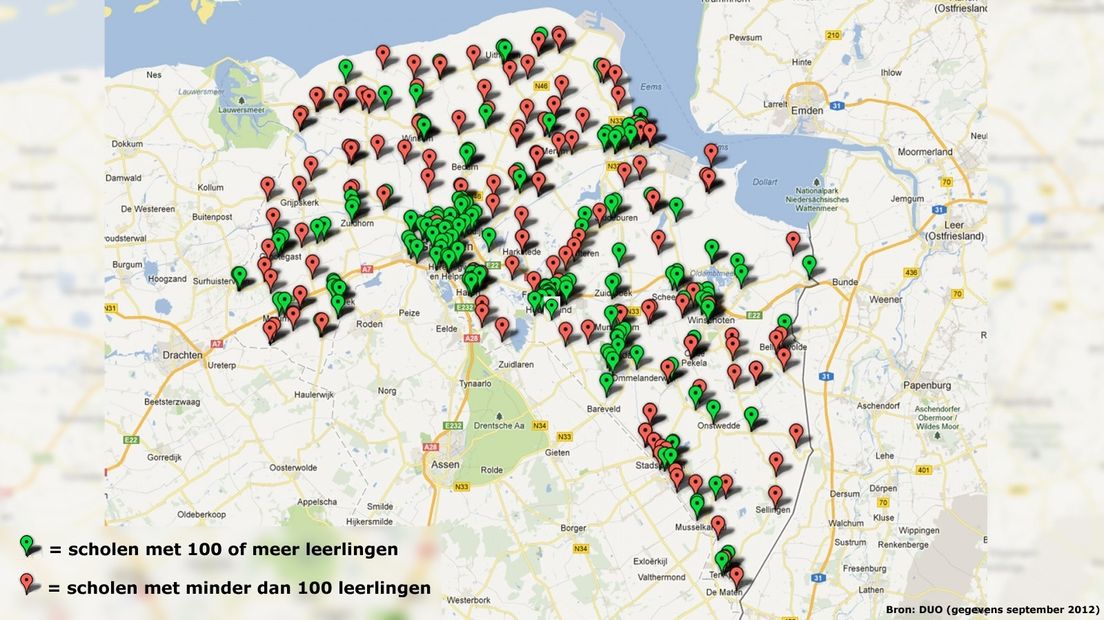 Rood is minder dan 100 leerlingen, groen meer dan 100 leerlingen